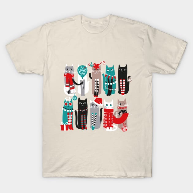 Feline Christmas vibes // print // dark teal background grey mint white brown and black kittens T-Shirt by SelmaCardoso